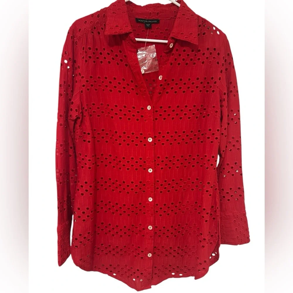 Boston Proper cherry Red schiffli Eyelet collared long sleeve Button-Up Shirt